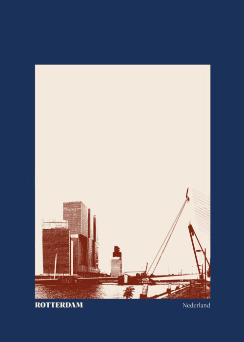Stillorange illustratie van de skyline van Rotterdam met de Erasmusbrug