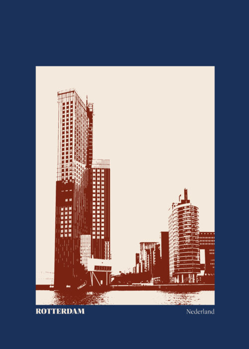Stillorange illustratie van de Maastoren en de torens aan de Maas in Rotterdam