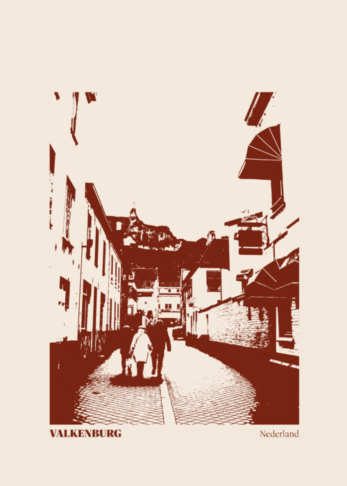 Stillorange illustratie van een straatje in Valkenburg met de kasteelruine op de achtergrond