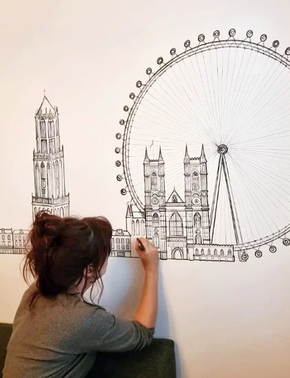 Muurtekening skyline Martine van der Vlerk
