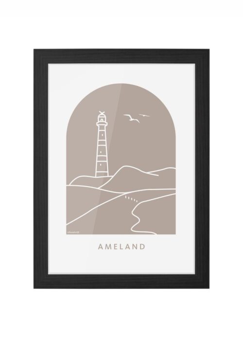 vuurtoren ameland icoon print poster ingelijst in zwarte lijst
