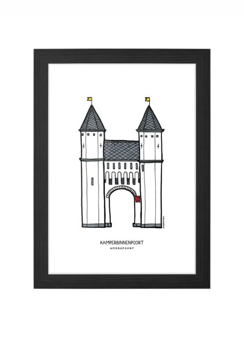 kamperbinnenpoort lijntekening poster ingelijst in zwarte lijst