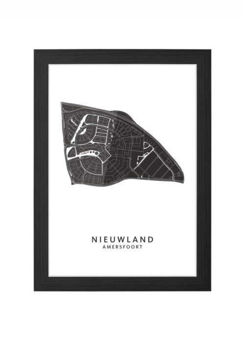 Amersfoort - Nieuwland Wijkkaart - wit ingelijst in zwarte lijst