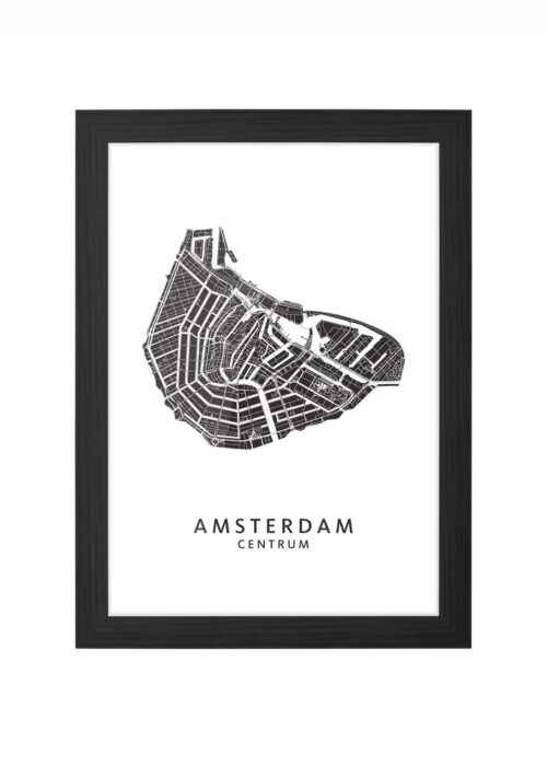 centrum wijkkaart amsterdam poster ingelijst in zwarte lijst