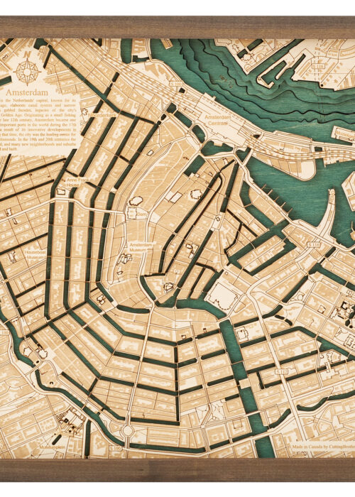 Amsterdam 3D Reliëf Wandkaart van hout - 35,0 x 35,0 x 6,0 cm