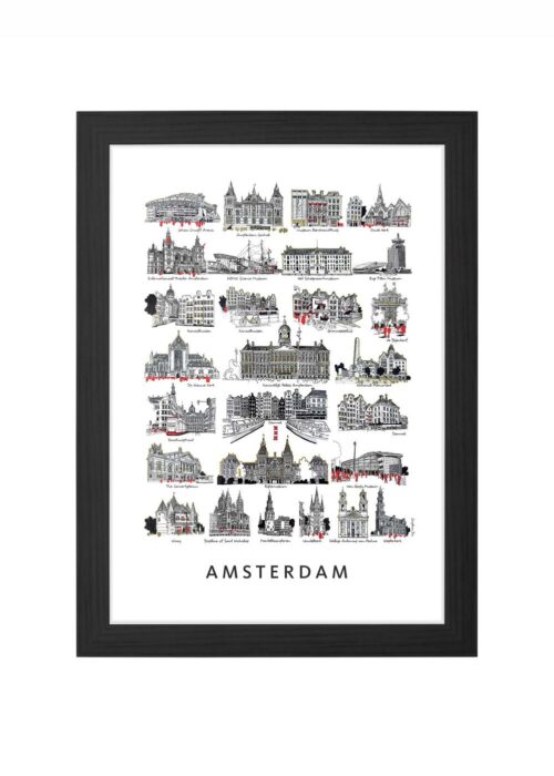 stadsschets van amsterdam lijntekening poster ingelijst in zwarte lijst