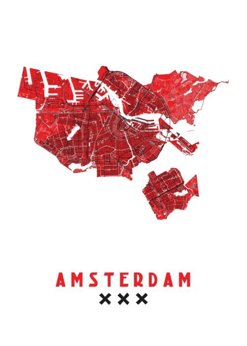 Amsterdam Stadskaart Rood Wit poster