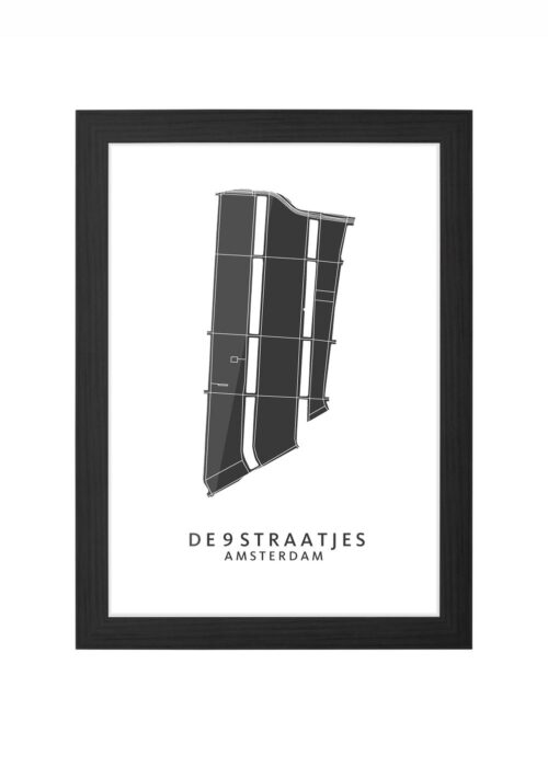 9 straatjes wijkkaart amsterdam poster ingelijst in zwarte lijst