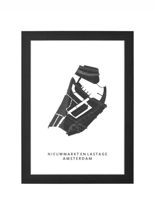 nieuwmarkt wijkkaart amsterdam poster ingelijst in zwarte lijst