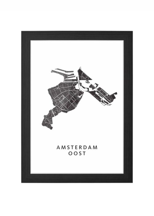 amsterdam-oost wijkkaart amsterdam poster ingelijst in zwarte lijst
