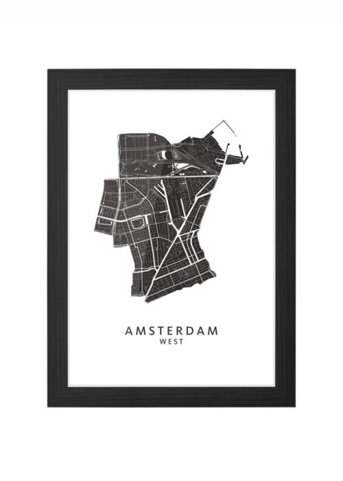 amsterdam west stadskaart ingelijst in zwarte lijst