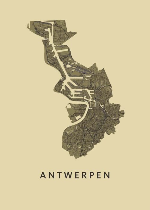 Antwerpen Stadskaart Poster Goudgeel
