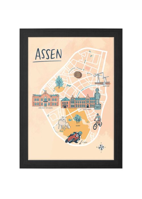 assen stadskaart poster ingelijst in zwarte lijst