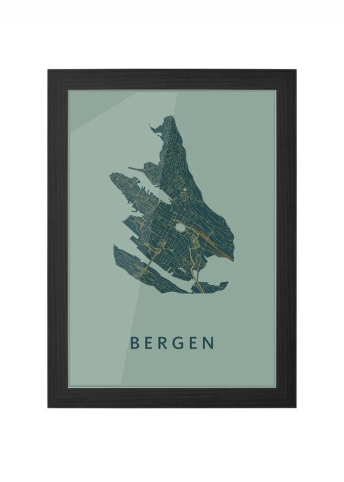 bergen - norway stadskaart poster ingelijst in zwarte lijst