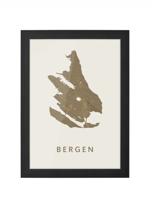 bergen - norway stadskaart poster ingelijst in zwarte lijst