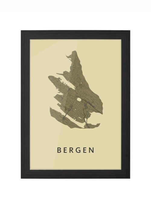 bergen - norway stadskaart poster ingelijst in zwarte lijst