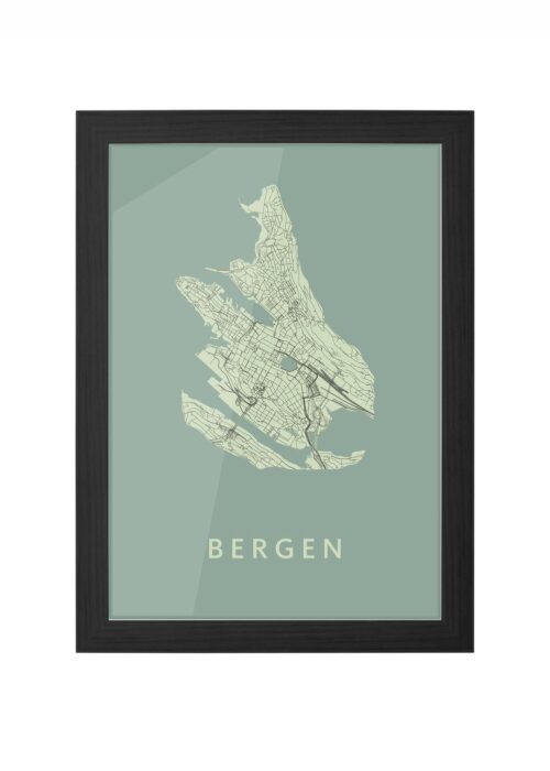 bergen - norway stadskaart poster ingelijst in zwarte lijst