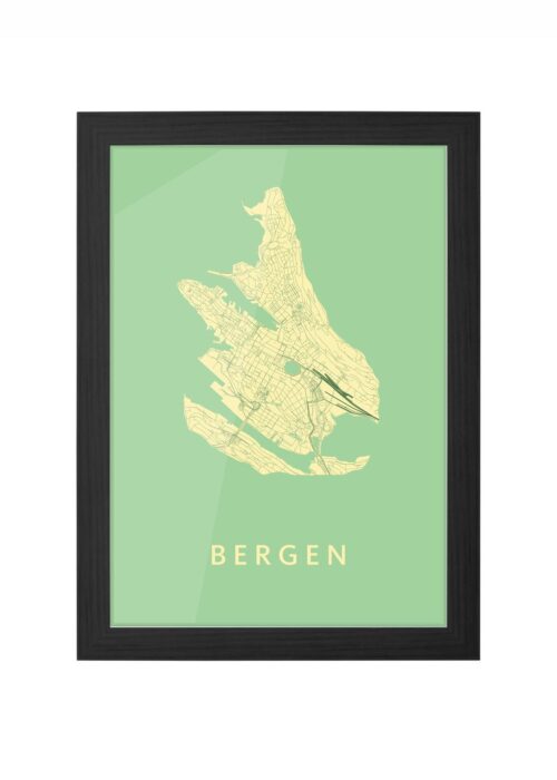 bergen - norway stadskaart poster ingelijst in zwarte lijst