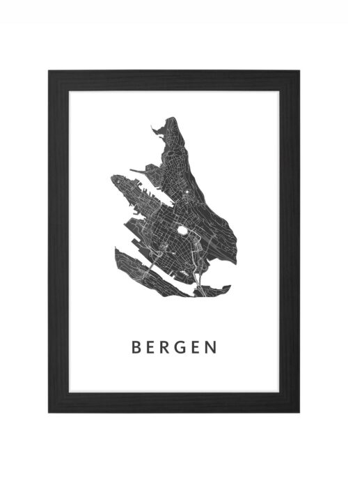 bergen - norway stadskaart poster ingelijst in zwarte lijst