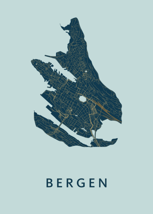 Bergen - Norway Stadskaart poster Prussian