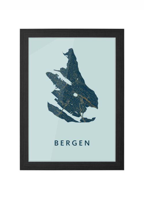 bergen - norway stadskaart poster ingelijst in zwarte lijst