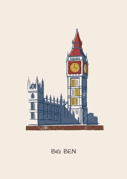 Big Ben in Londen als handgetekende poster in linosnede-stijl