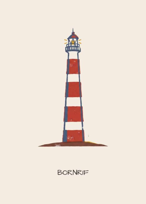 Vuurtoren Bornrif Ameland - Linosnede-stijl