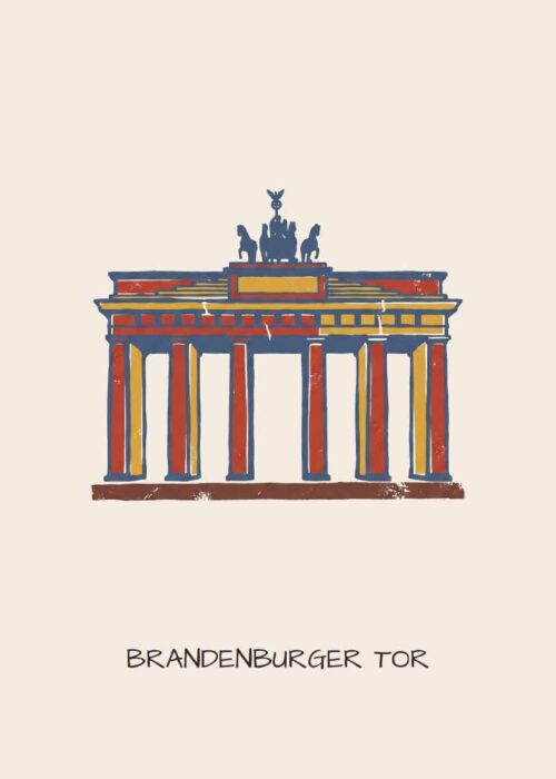 Brandenburger Tor in Berlijn als handgetekende poster in linosnede-stijl