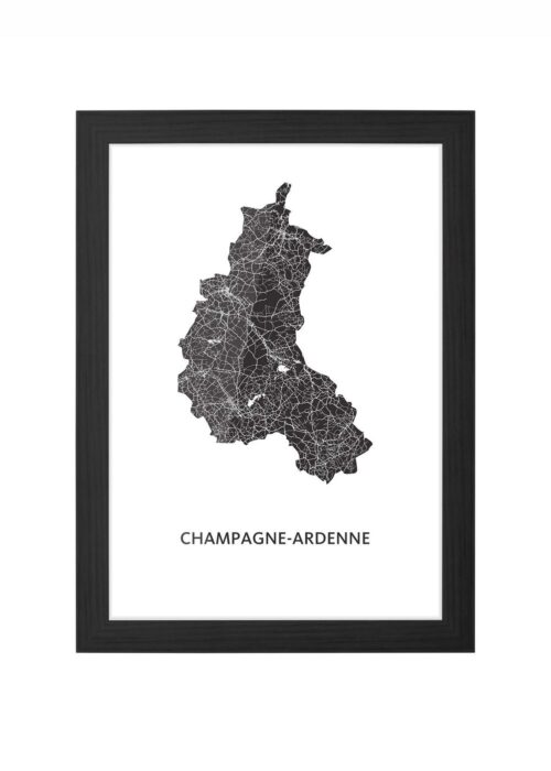 champagne-ardenne regiokaart poster ingelijst in zwarte lijst