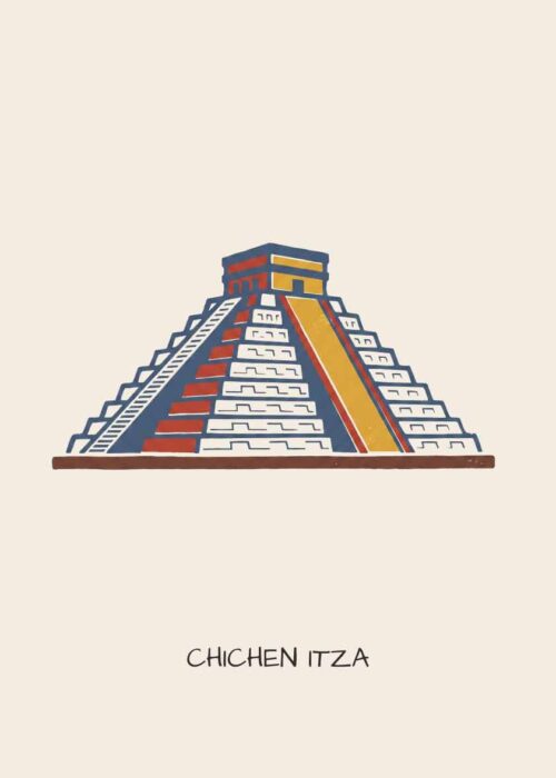 Chichén Itzá in Yucatán als handgetekende poster in linosnede-stijl