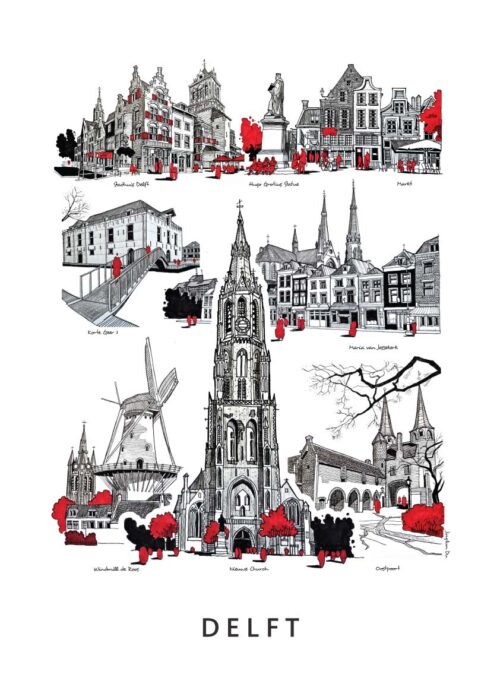 Stadsschets van Delft lijntekening print