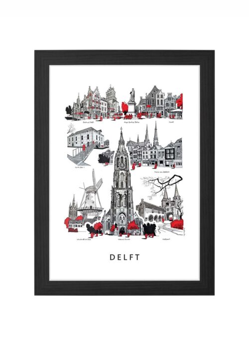 stadsschets van delft lijntekening poster ingelijst in zwarte lijst