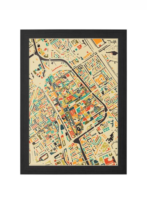 delft mozaiek stadskaart poster ingelijst in zwarte lijst