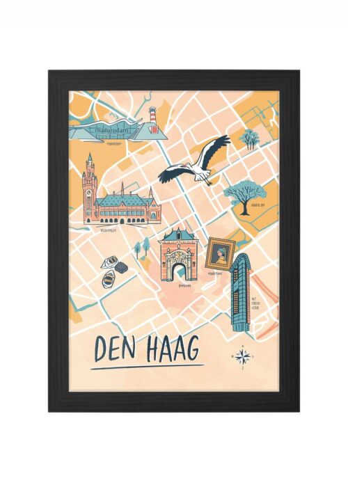 geïllustreerde kaart den haag ingelijst in zwarte lijst