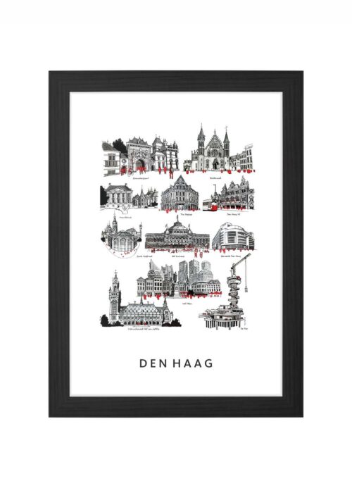 stadsschets van den haag lijntekening poster ingelijst in zwarte lijst