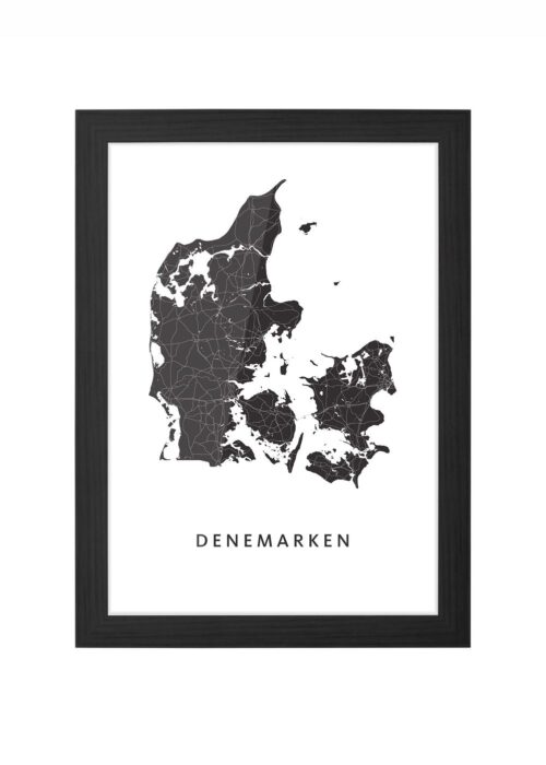 denemarken landkaart poster ingelijst in zwarte lijst