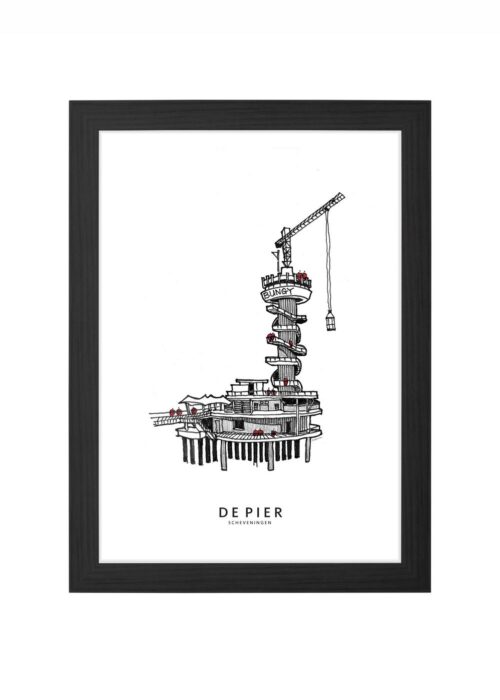 de pier lijntekening poster ingelijst in zwarte lijst