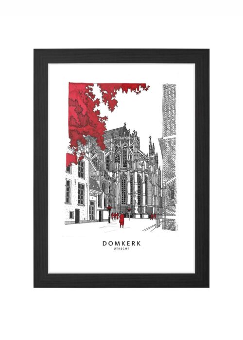 domkerk lijntekening poster ingelijst in zwarte lijst
