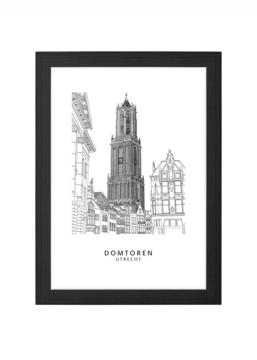 domtoren lijntekening poster ingelijst in zwarte lijst