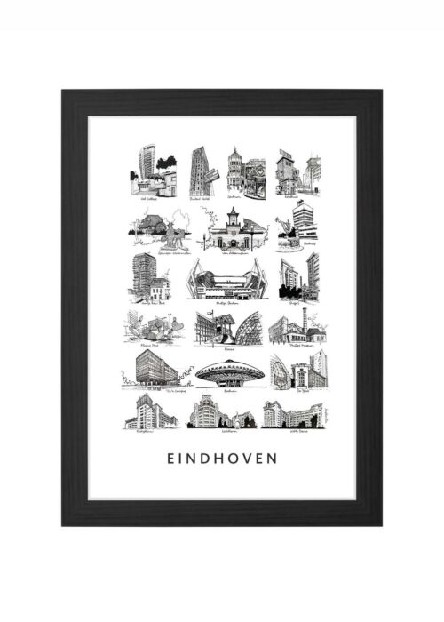 stadsschets van eindhoven lijntekening poster ingelijst in zwarte lijst