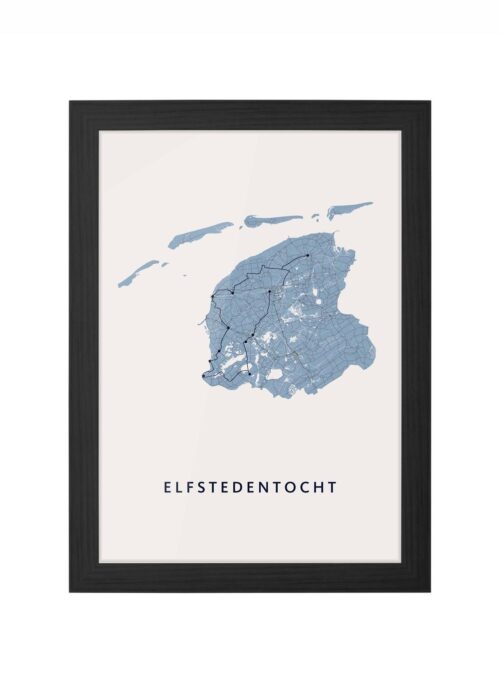 Friesland Elfstedentocht Kaart ingelijst in zwarte lijst