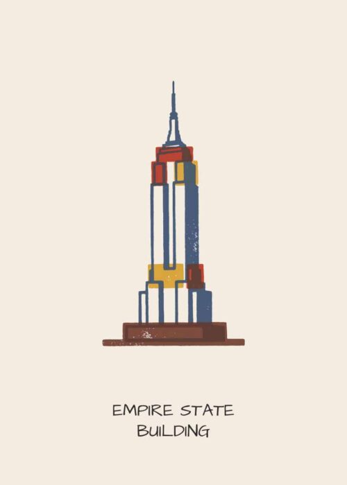 Empire State Building in New York als handgetekende poster in linosnede-stijl