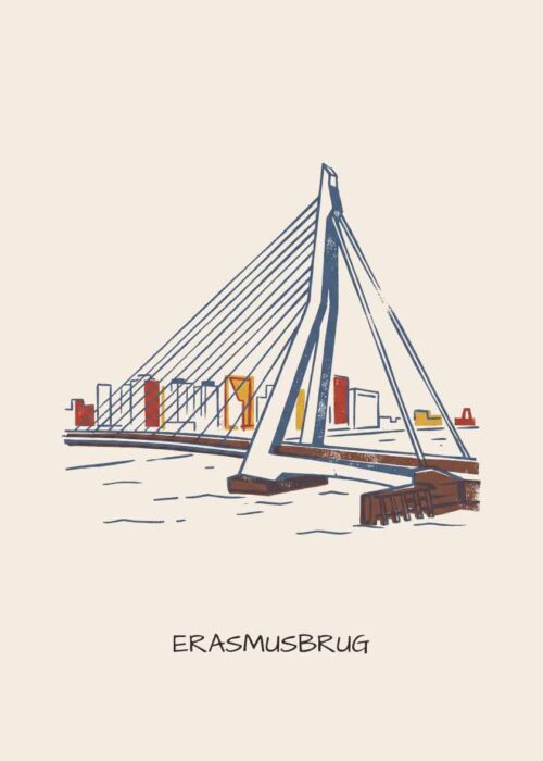 Erasmusbrug in Rotterdam als handgetekende poster in linosnede-stijl