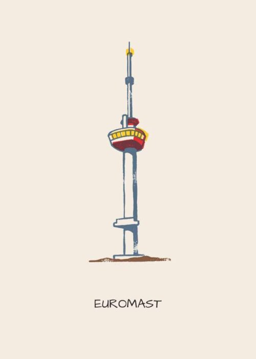 Euromast in Rotterdam als handgetekende poster in linosnede-stijl