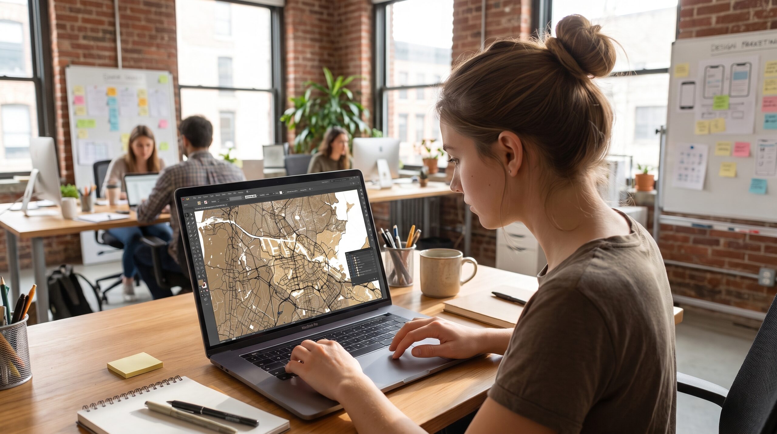 Ontwerper werkt aan een digitale stadskaart als vectorbestand op kantoor