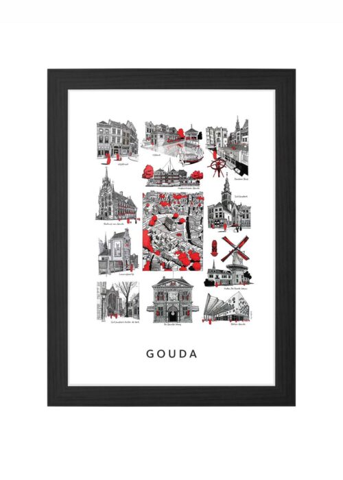 stadsschets van gouda lijntekening poster ingelijst in zwarte lijst