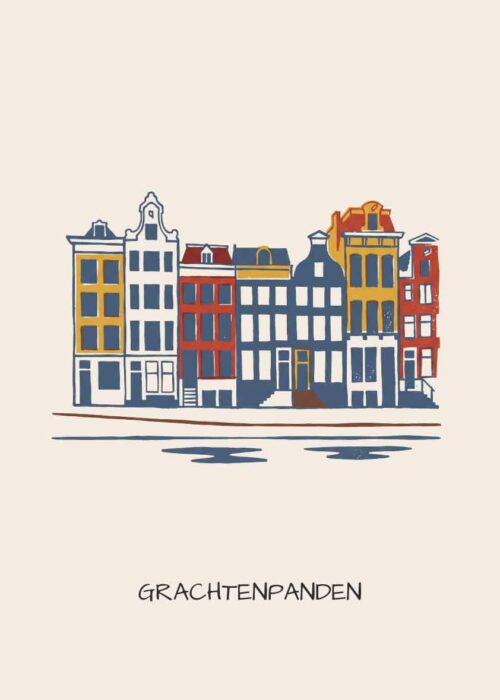 Grachtenpanden in Amsterdam als handgetekende poster in linosnede-stijl