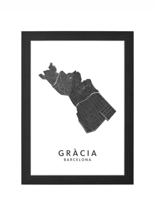gràcia wijkkaart barcelona ingelijst in zwarte lijst