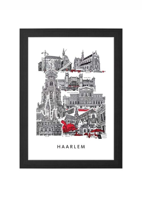 stadsschets van haarlem lijntekening poster ingelijst in zwarte lijst