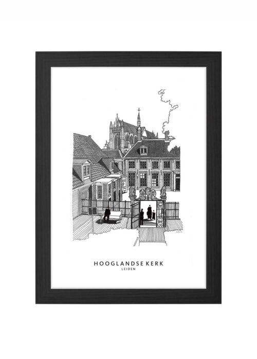 hooglandse kerk lijntekening poster ingelijst in zwarte lijst
